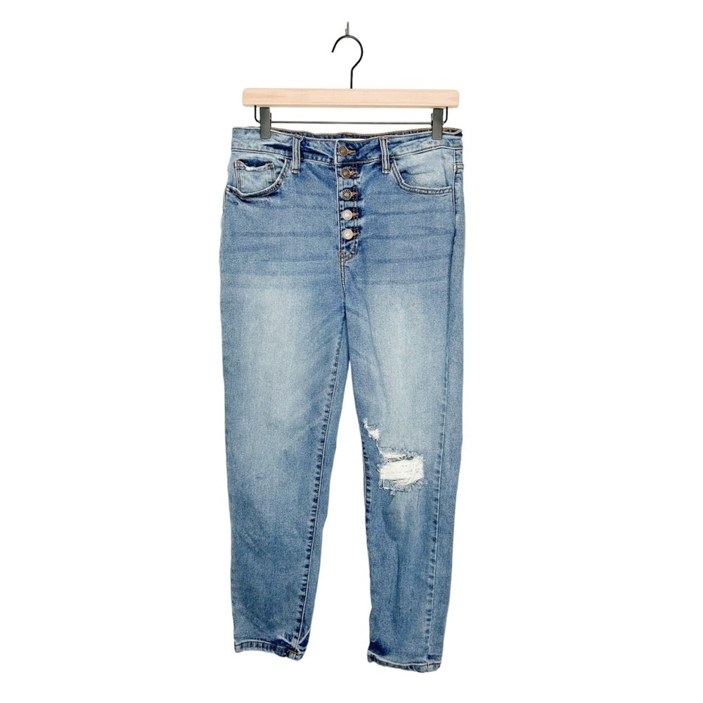 Nature Denim High Rise Button Fly Slim Straight Leg Distressed Jeans‎ 28